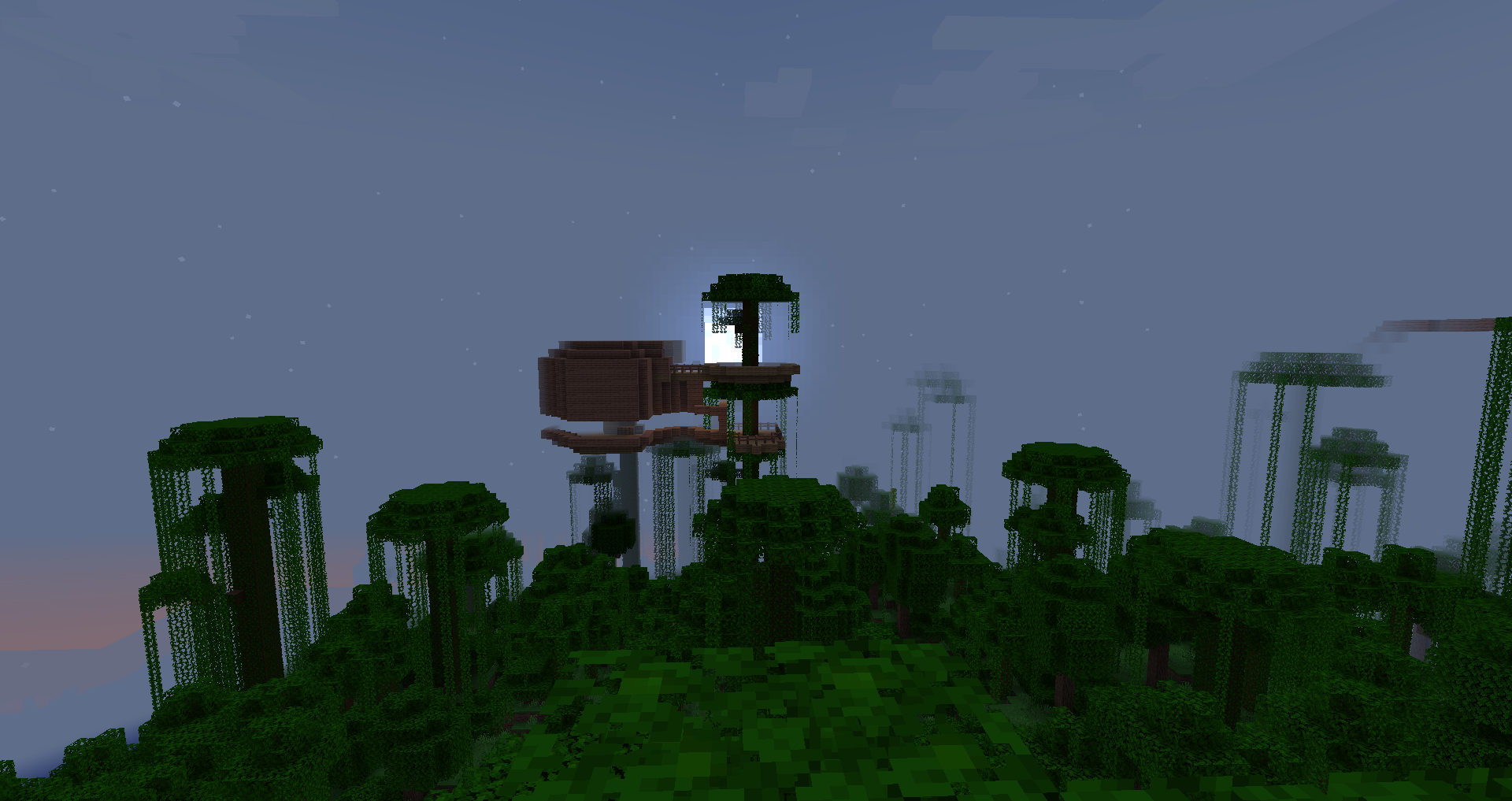 An Image of an epic Minecraft Tree house base made on a private multiplayer server. The Minecraft cube moon can be seen behind the the top of a tree connected to the house.